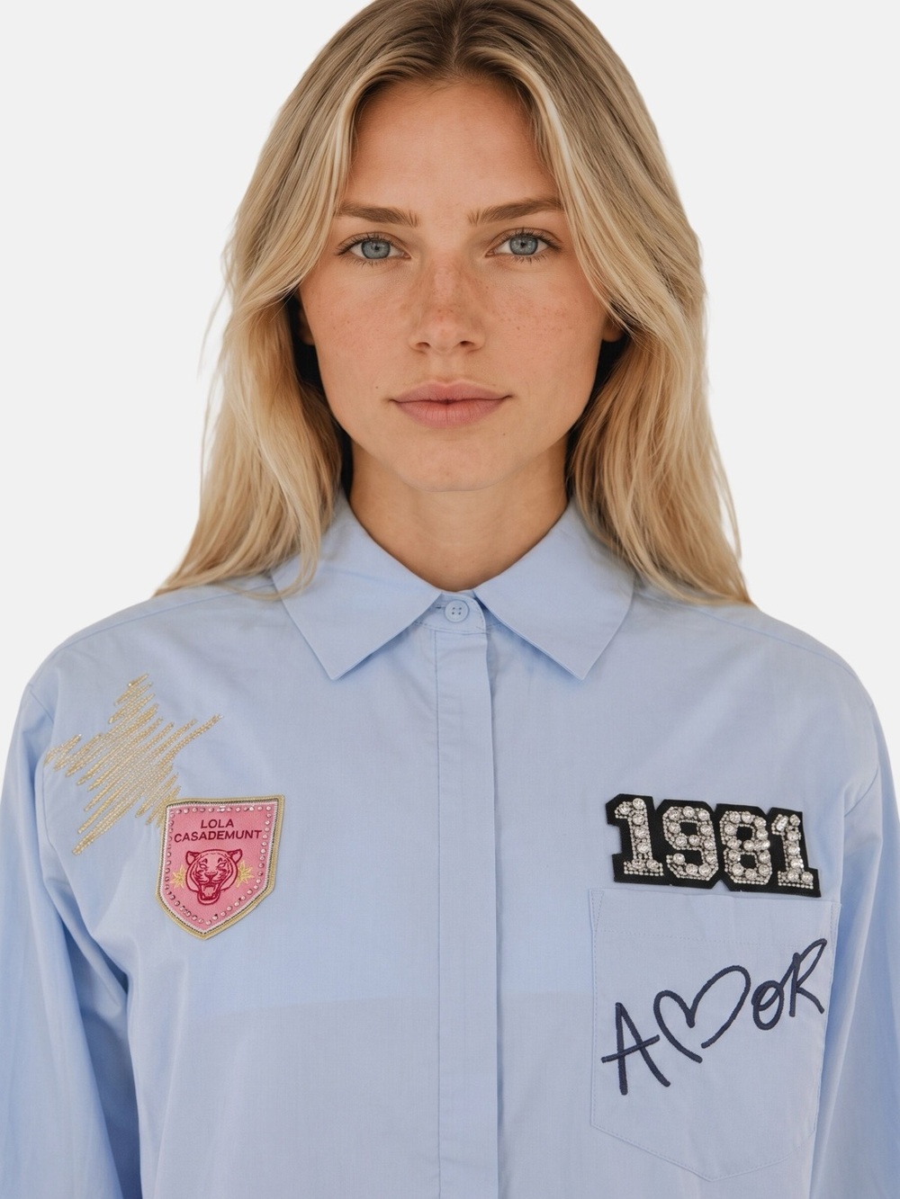 LOLA CASADEMUNT Light Blue Embroidered Patch Button-Up Blouse